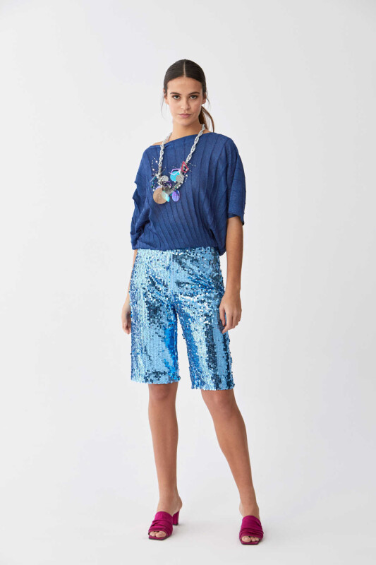 Payetli Bermuda Kadın Pantolon Mavi - 4