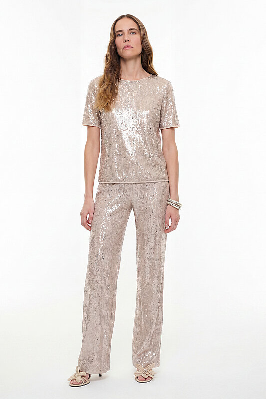 Payetli Bisiklet Yaka Bluz Bej - Roman