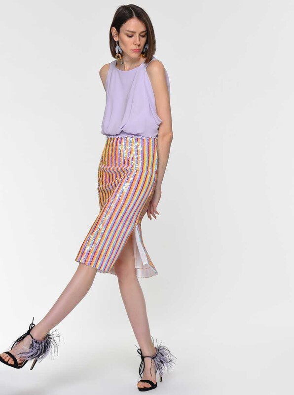 Payetli Çizgi Desenli Renkli Etek Standart Renk - 3