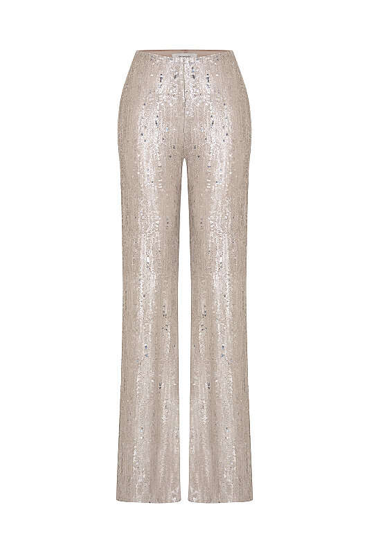 Payetli Düz Paça Pantolon Bej - 4
