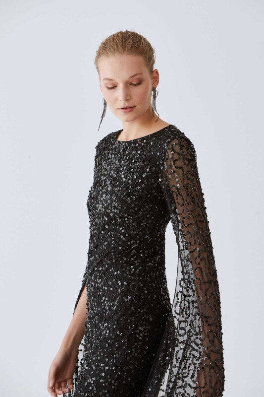  Payetli Tül Detaylı Nişan Elbisesi Siyah - 3