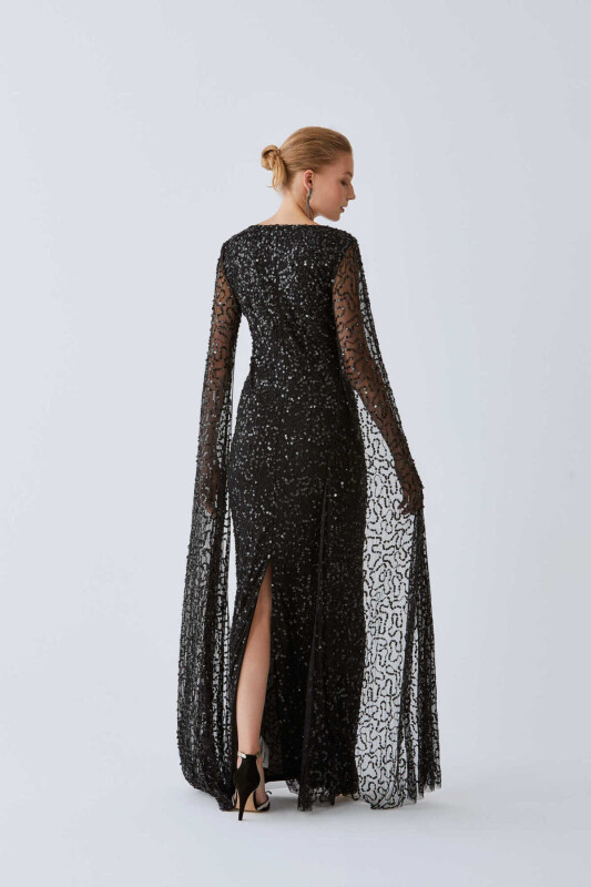  Payetli Tül Detaylı Nişan Elbisesi Siyah - 2
