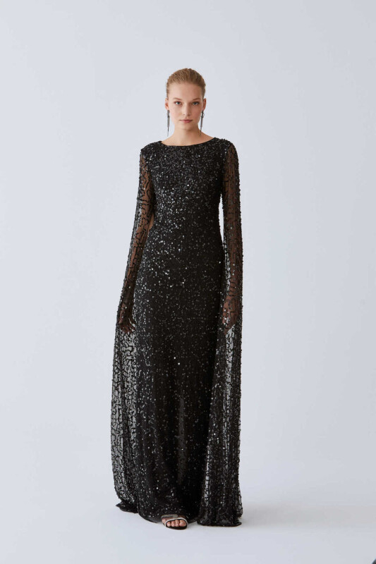  Payetli Tül Detaylı Nişan Elbisesi Siyah - 4