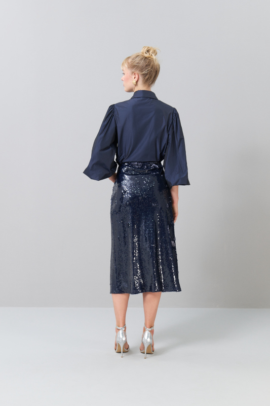 Payetli Tül Yırtmaç Midi Boy Etek Lacivert - Roman (1)