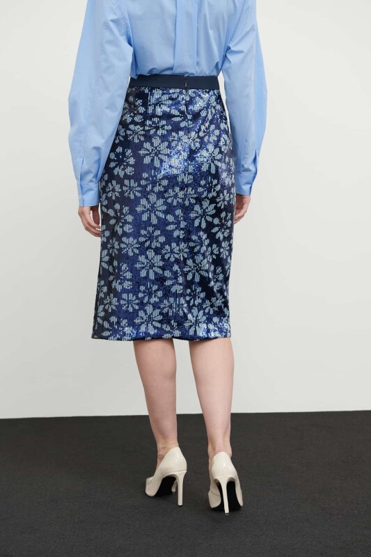 Payetli Çiçek Desenli Diz Altı Etek Lacivert - Roman (1)