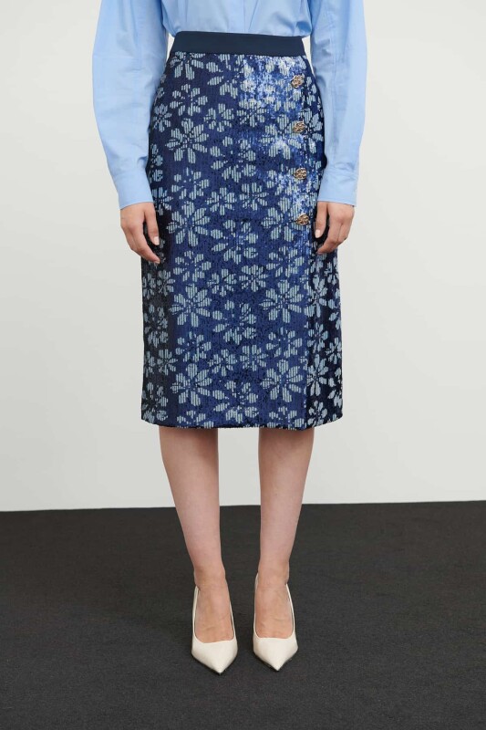 Payetli Çiçek Desenli Diz Altı Etek Lacivert - 3