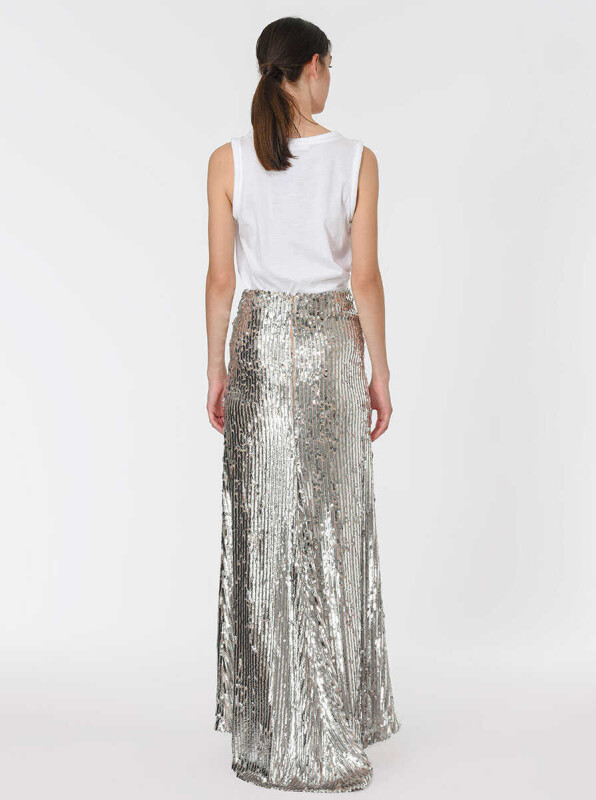Payetli Yırtmaçlı Uzun Etek Gümüş - 2