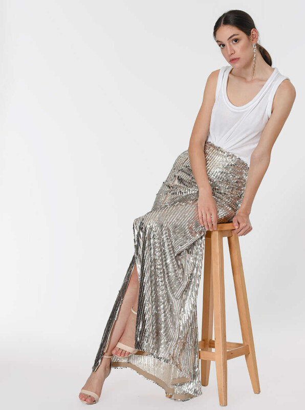 Payetli Yırtmaçlı Uzun Etek Gümüş - 3