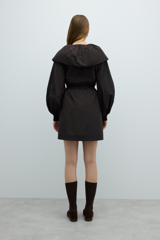 Pelerin Yaka Beli Büzgülü Mont Kahve - 2