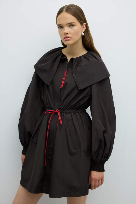 Pelerin Yaka Beli Büzgülü Mont Kahve - 3