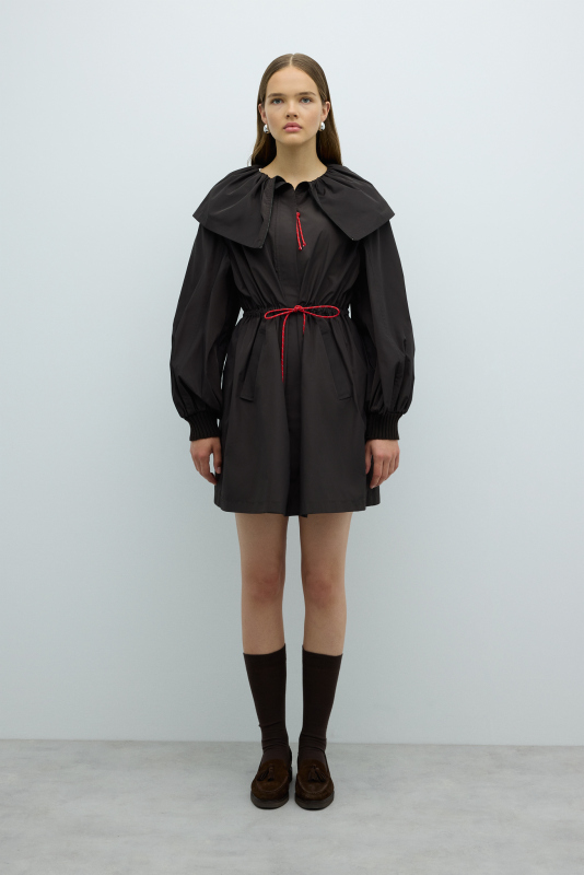 Pelerin Yaka Beli Büzgülü Mont Kahve - 1