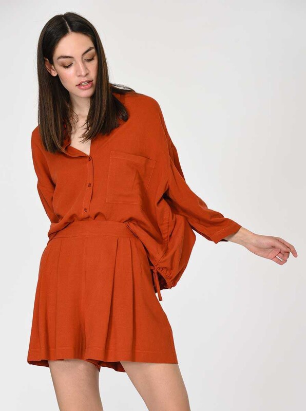 Pileli Cep Detaylı Salaş Kiremit Rengi Şort Kiremit - 3