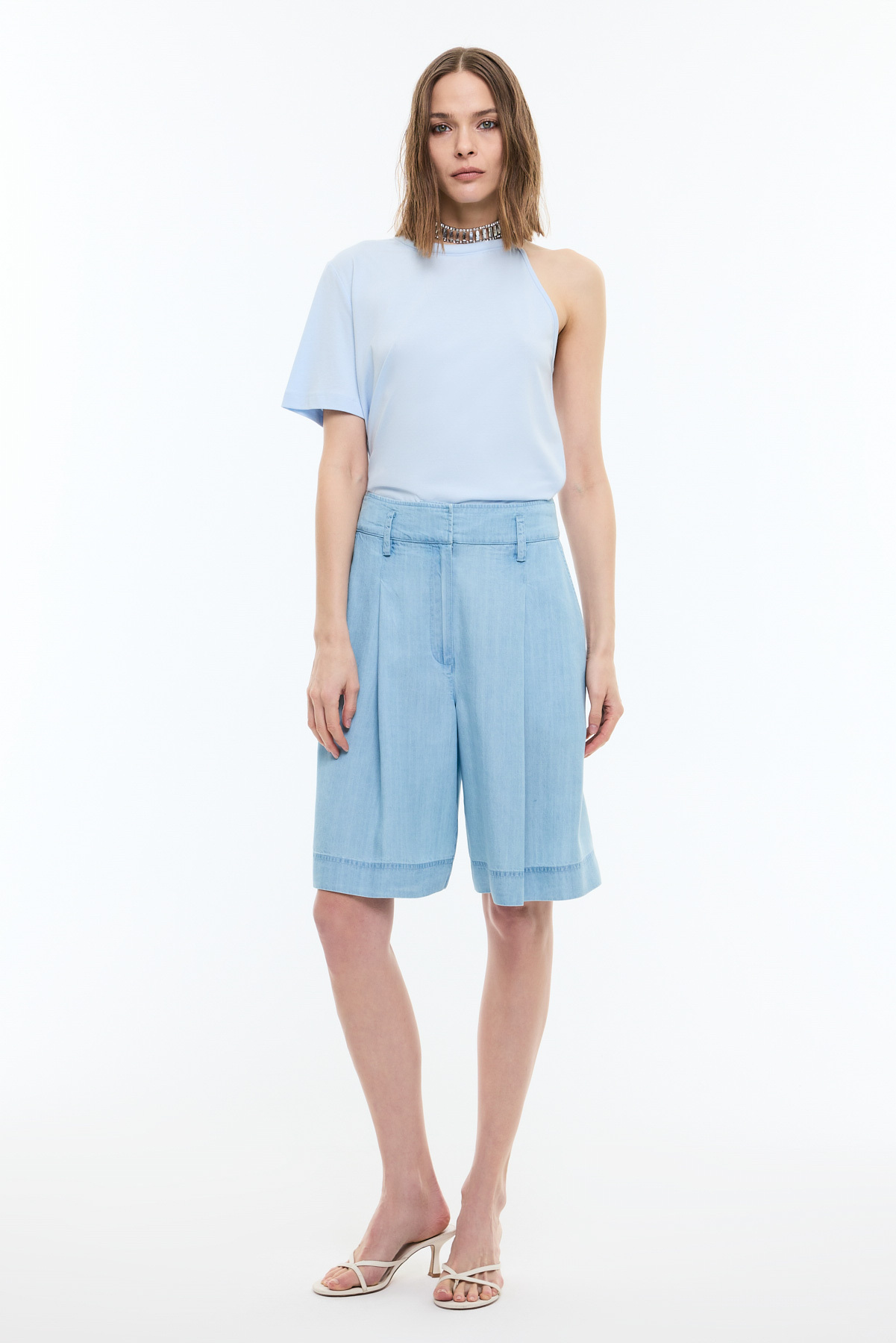 Pileli Denim Bermuda Pantolon Mavi