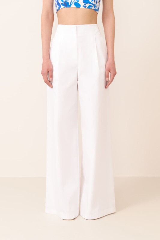 Pileli Geniş Paça Pantolon Beyaz - 3