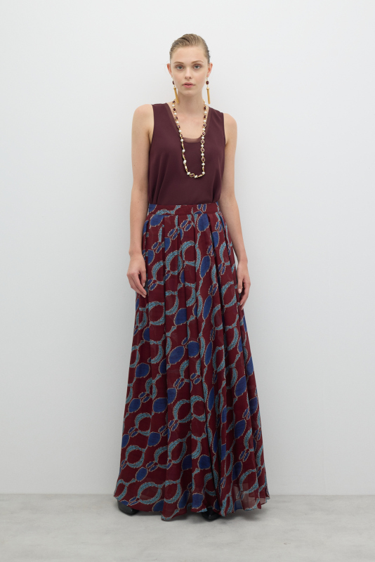 Pileli Maksi Boy Etek Bordo-Lacivert - Roman