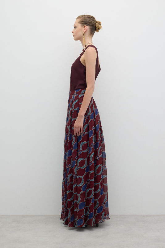 Pileli Maksi Boy Etek Bordo-Lacivert - 3