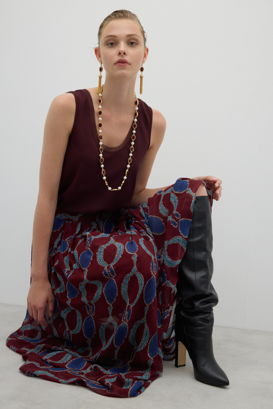 Pileli Maksi Boy Etek Bordo-Lacivert - 5