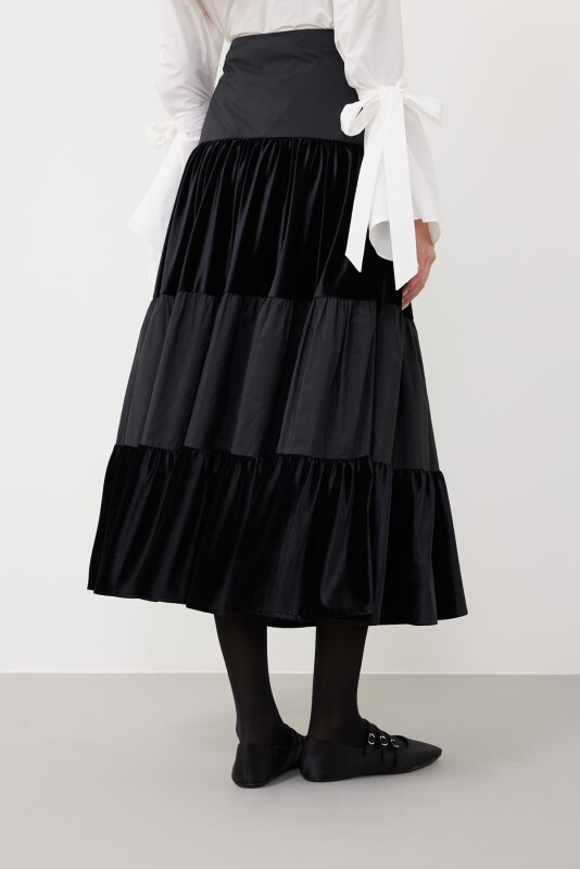 Velvet and Taffeta Maxi Length Gathered Skirt Black - Roman (1)