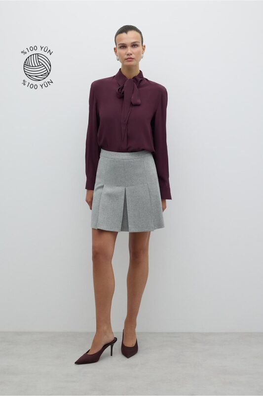 Pileli Yün Mini Etek Gri - 1