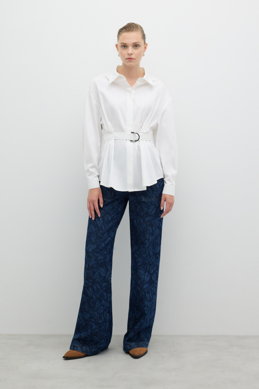 Pili Detaylı Beli Kemerli Gömlek Beyaz - 4