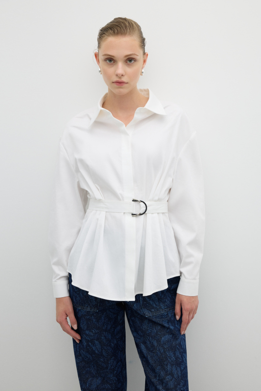 Pili Detaylı Beli Kemerli Gömlek Beyaz - 1