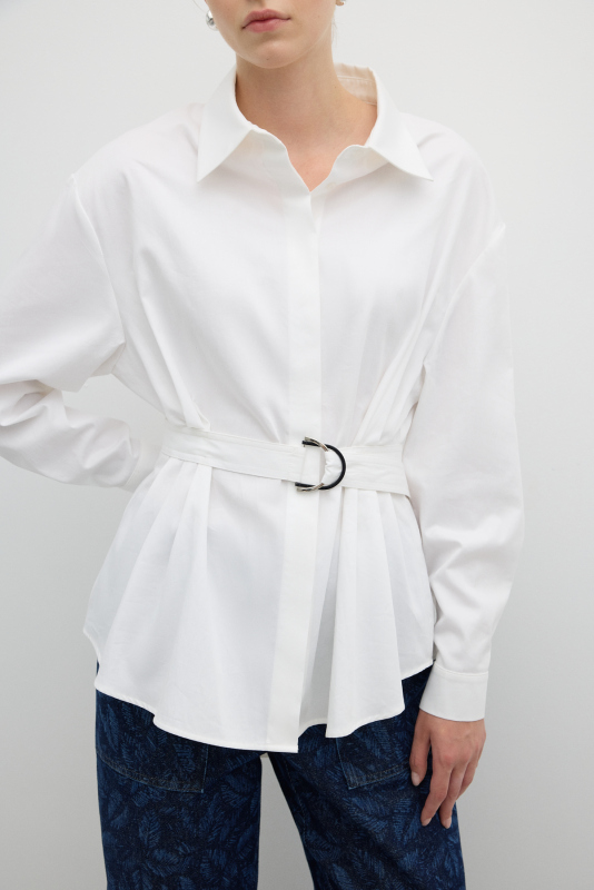 Pili Detaylı Beli Kemerli Gömlek Beyaz - 3