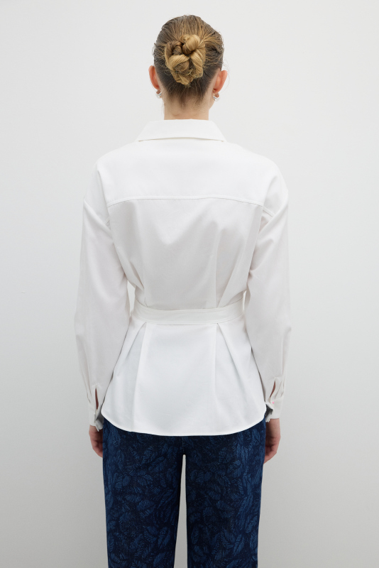 Pili Detaylı Beli Kemerli Gömlek Beyaz - 2