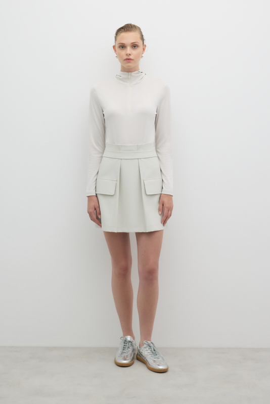 Pili Detaylı Çift Cepli Mini Etek Taş - Roman