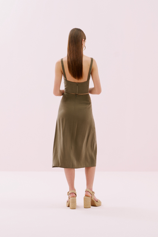 Pili Detaylı Midi Boy Etek Haki - 2