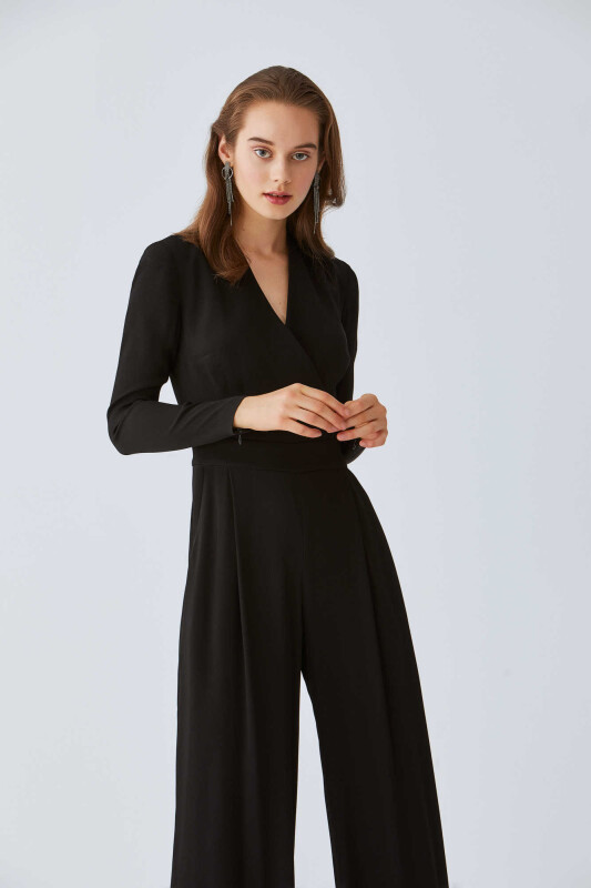  Piliseli Kruvaze Kadın Tulum Siyah - 4