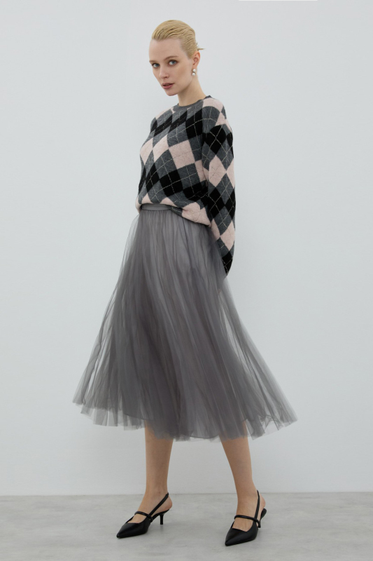 Piliseli Midi Boy Tül Etek Antrasit - 1