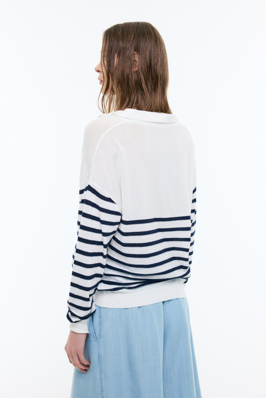Polo Yaka Çizgi Desenli Bluz Lacivert - Beyaz - Roman (1)