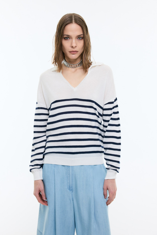 Polo Yaka Çizgi Desenli Bluz Lacivert - Beyaz - Roman