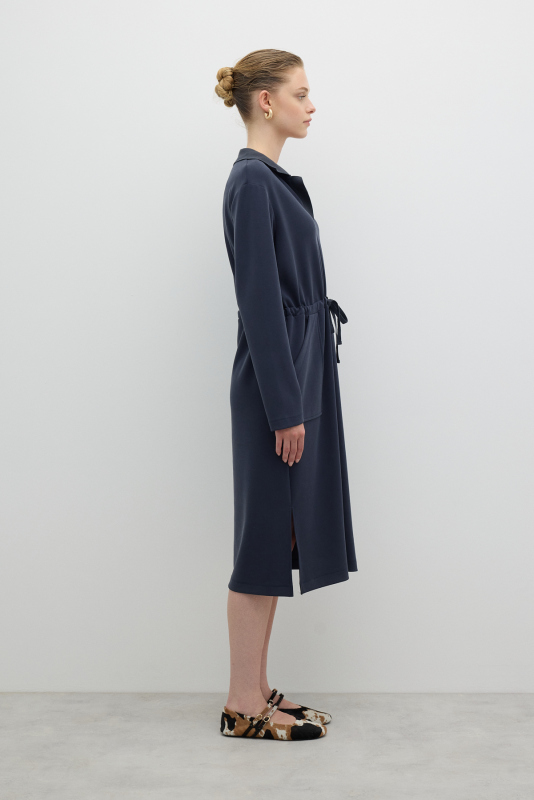 Polo Yaka Yanları Yırtmaçlı Elbise Lacivert - 3