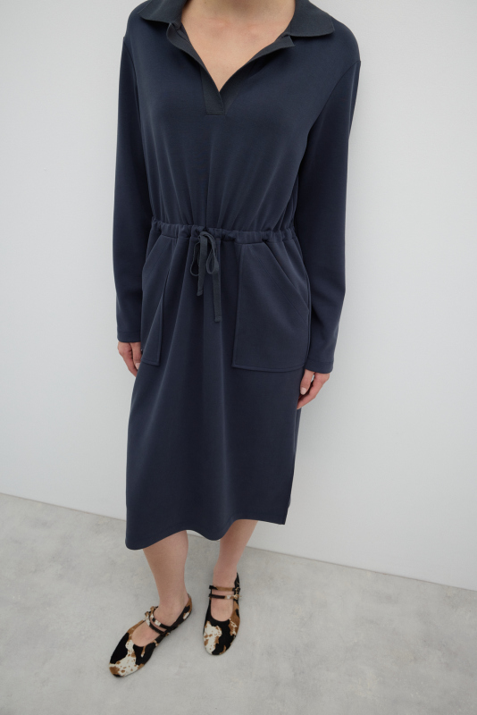 Polo Yaka Yanları Yırtmaçlı Elbise Lacivert - 4