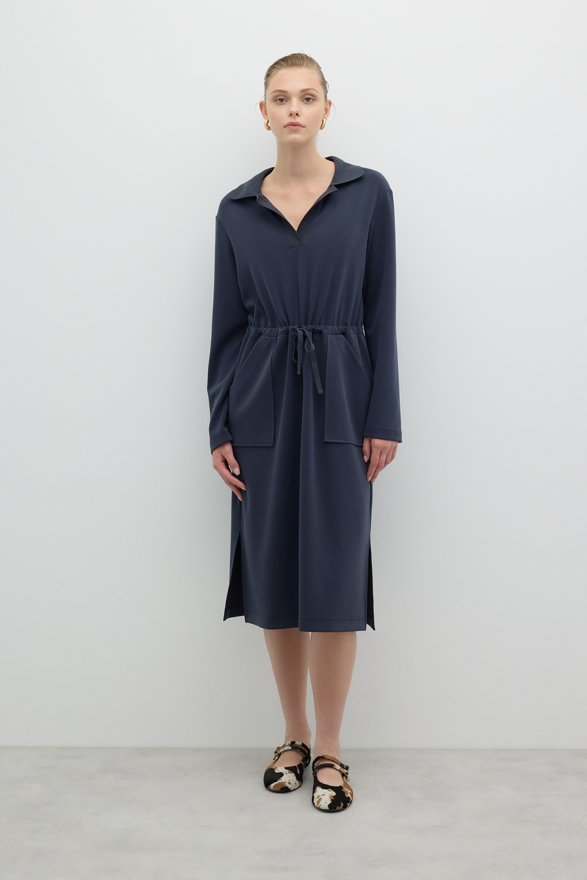 Polo Yaka Yanları Yırtmaçlı Elbise Lacivert