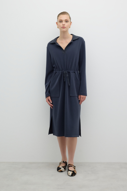 Polo Yaka Yanları Yırtmaçlı Elbise Lacivert - Roman