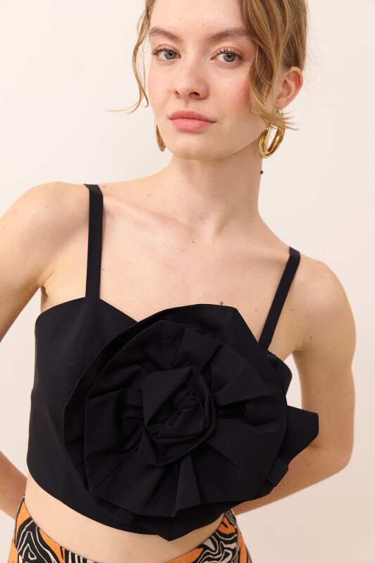 Rose Motif Strappy Poplin Bustier Black - 3