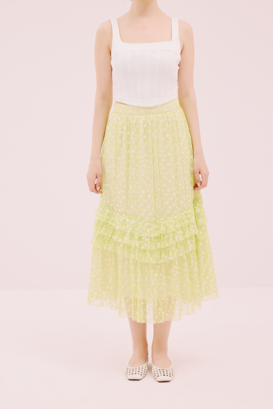 Puantiye Desenli Midi Boy Tül Etek Sarı - 1