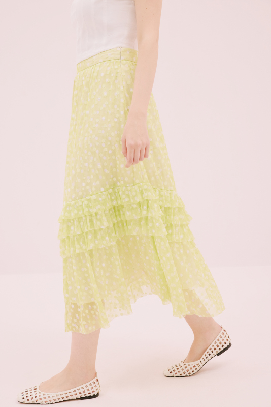 Puantiye Desenli Midi Boy Tül Etek Sarı - 3