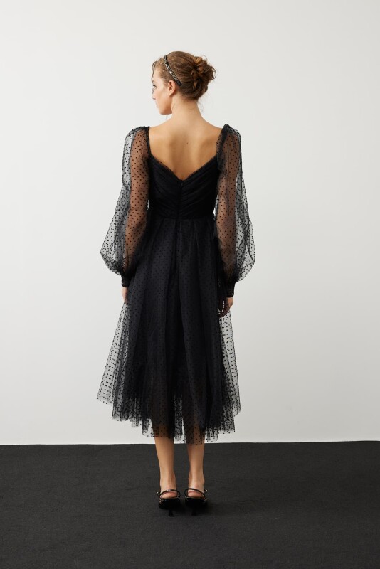  Puantiyeli Transparan Abiye Elbise Siyah - 2