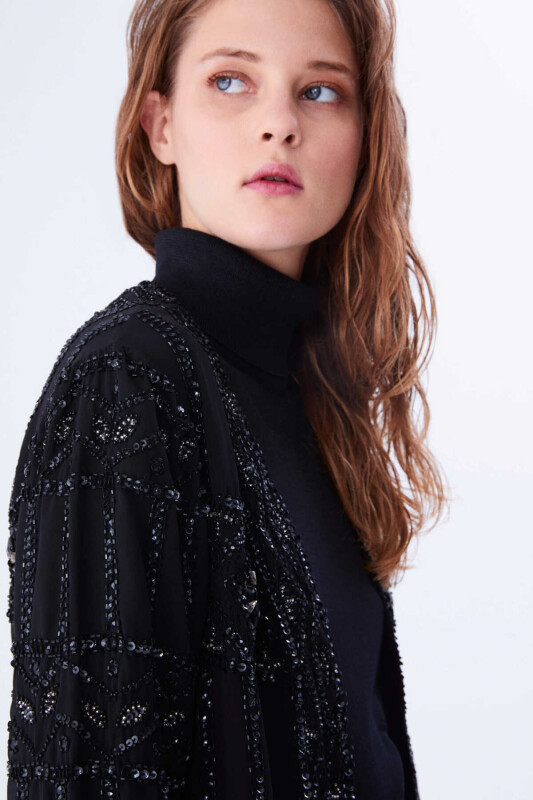  Sequin Embroidered Evening Dress Cap Black - 3