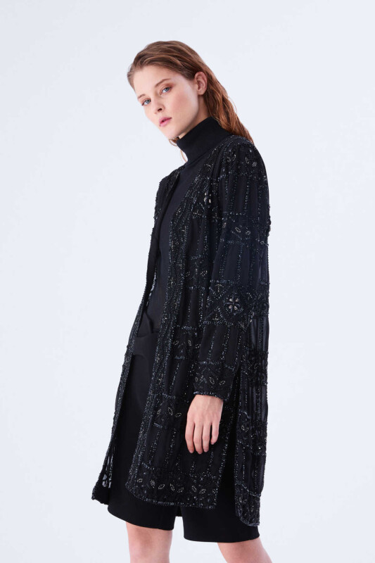  Sequin Embroidered Evening Dress Cap Black - 2