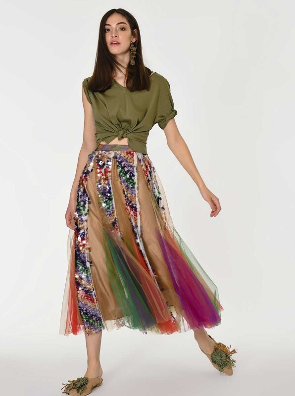 Pul Ve Tül Detaylı Renkli Etek Standart Renk - 3