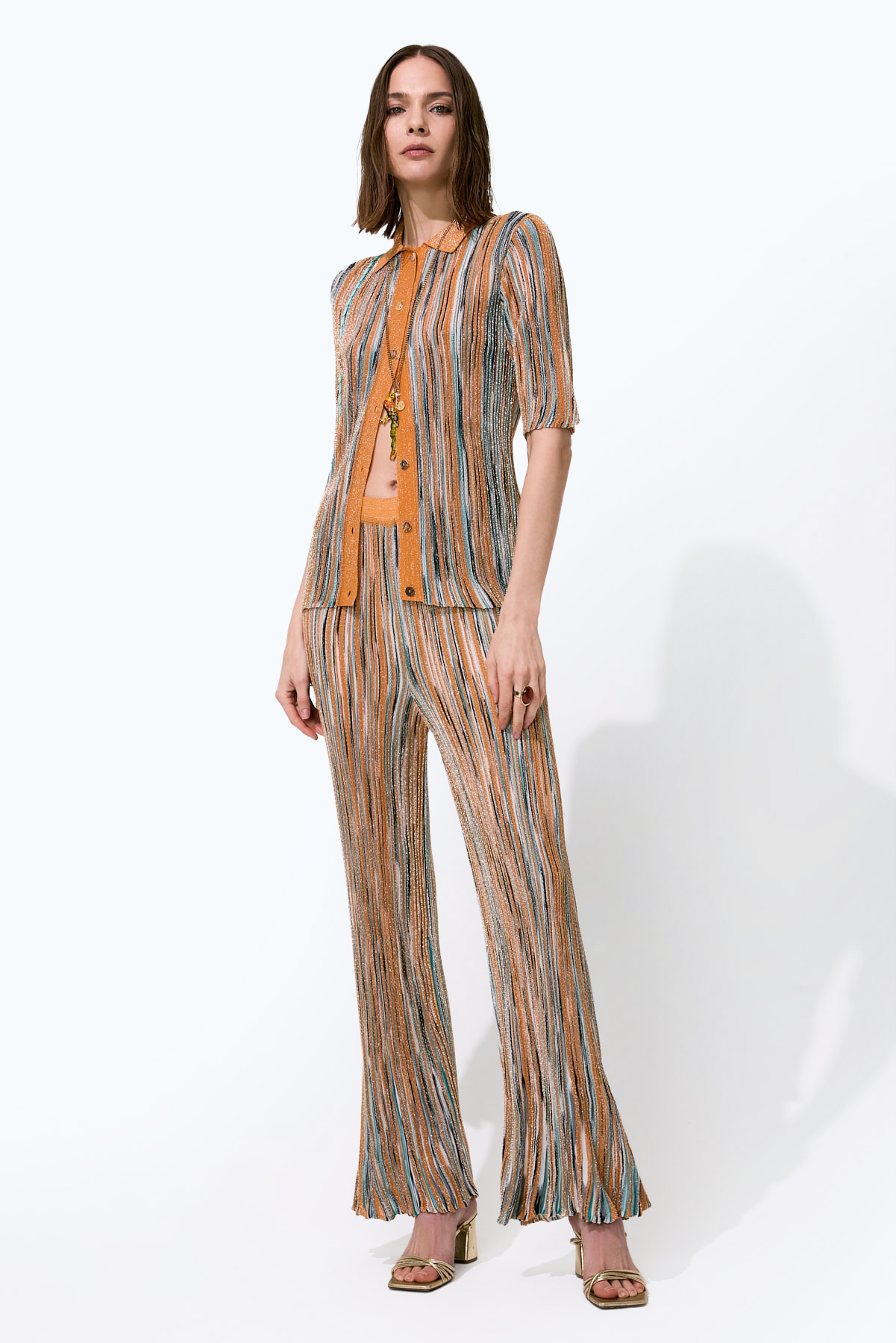 Pullu Ajur Desenli Boru Paça Pantolon Oranj - Multi