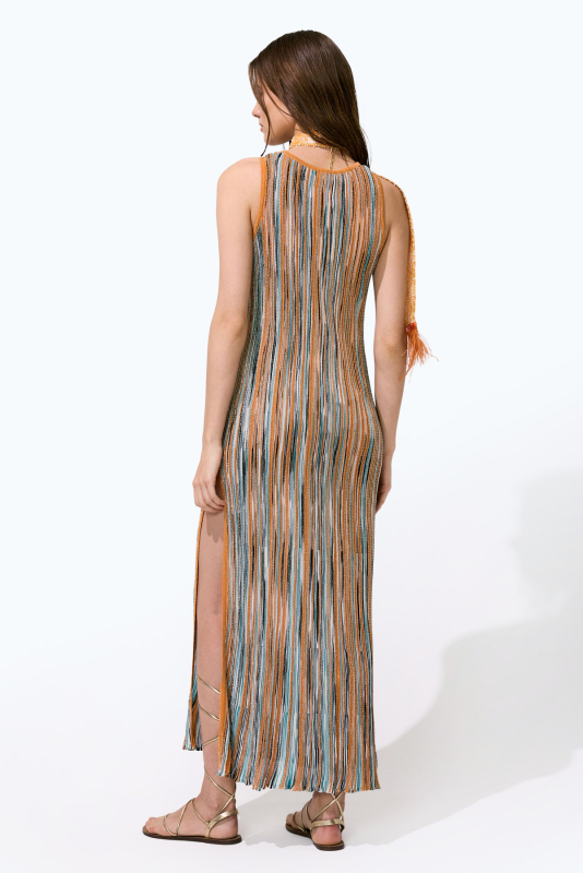 Simli Ajur Desenli Kolsuz Midi Boy Elbise Oranj - Multi - Roman (1)