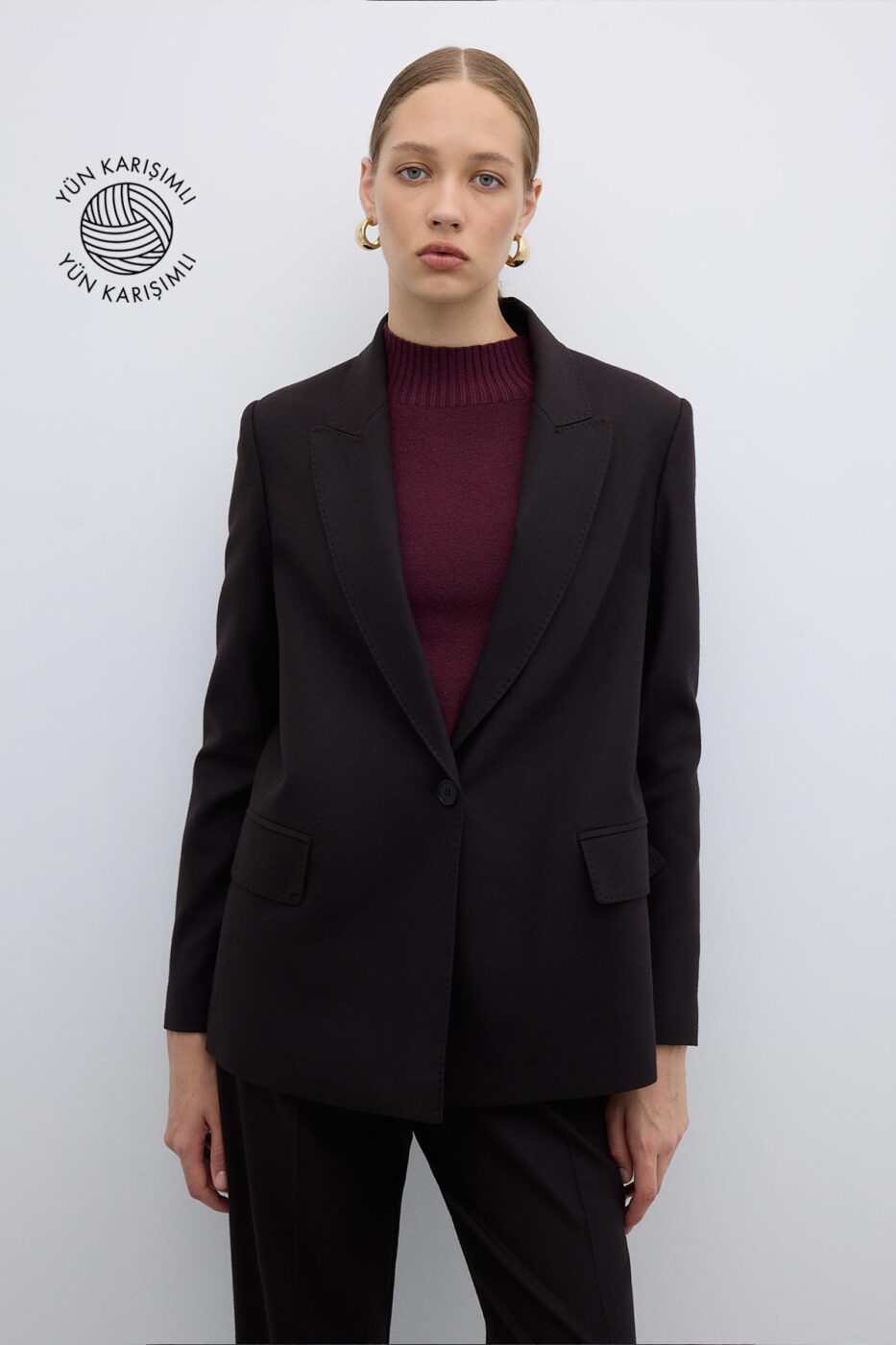 Punto Dikişli Tek Düğmeli Blazer Ceket Kahve - 1