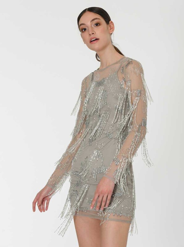Püskül Detaylı Gümüş Mini Gece Elbisesi Standart Renk - 3