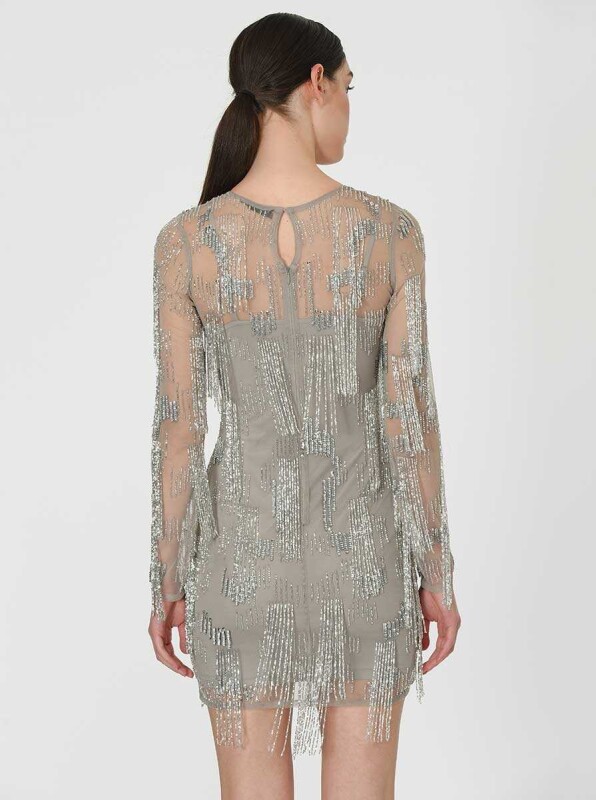 Püskül Detaylı Gümüş Mini Gece Elbisesi Standart Renk - 2