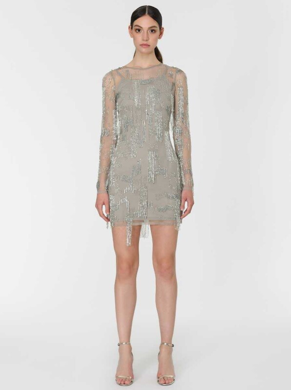 Püskül Detaylı Gümüş Mini Gece Elbisesi Standart Renk - 1